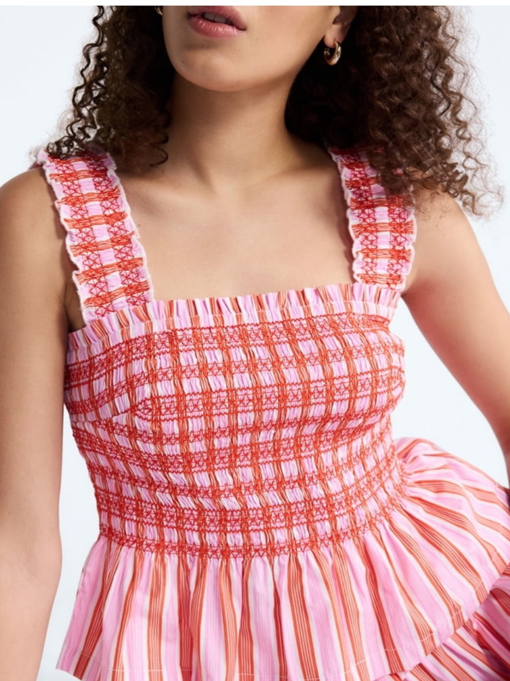 New free assembly Smocked Ruffle-Strap Tank Top - Pink & Orange Stripe large - Picture 5 of 8